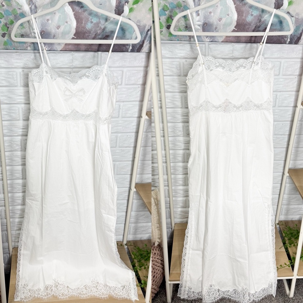 LoveShackFancy New Vinca Cotton Lace Bow Midi Dress in Optic White - Picture 2 of 6